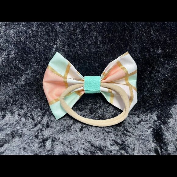 Handmade Geometric teal, pink and gold Bow - Picture 4 of 6